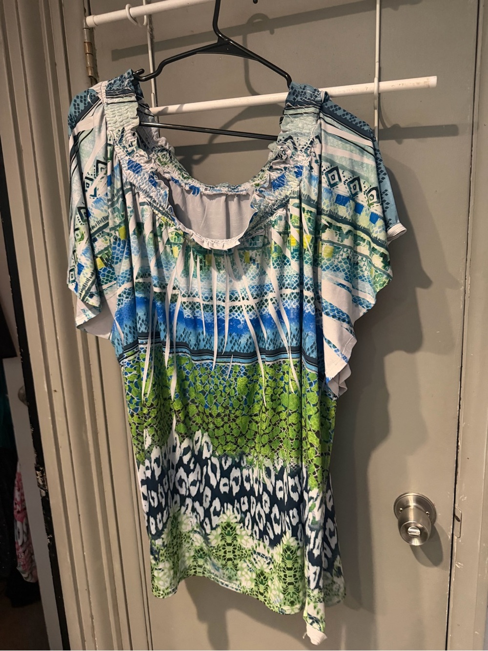 Women’s Blue & Green Printed Flutter Sleeve Top